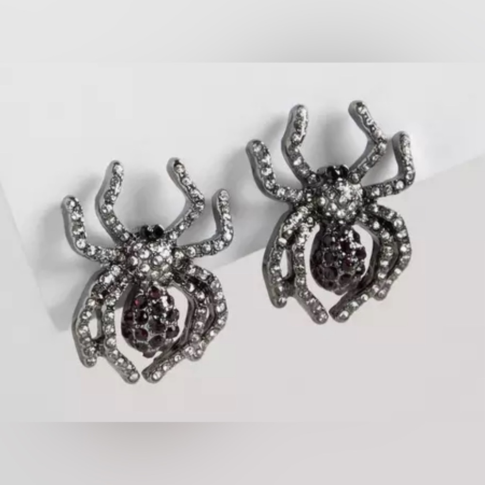#1428 - Torrid Bejeweled Spider Post Earrings Rhinestone Hematite-tone Red Black
